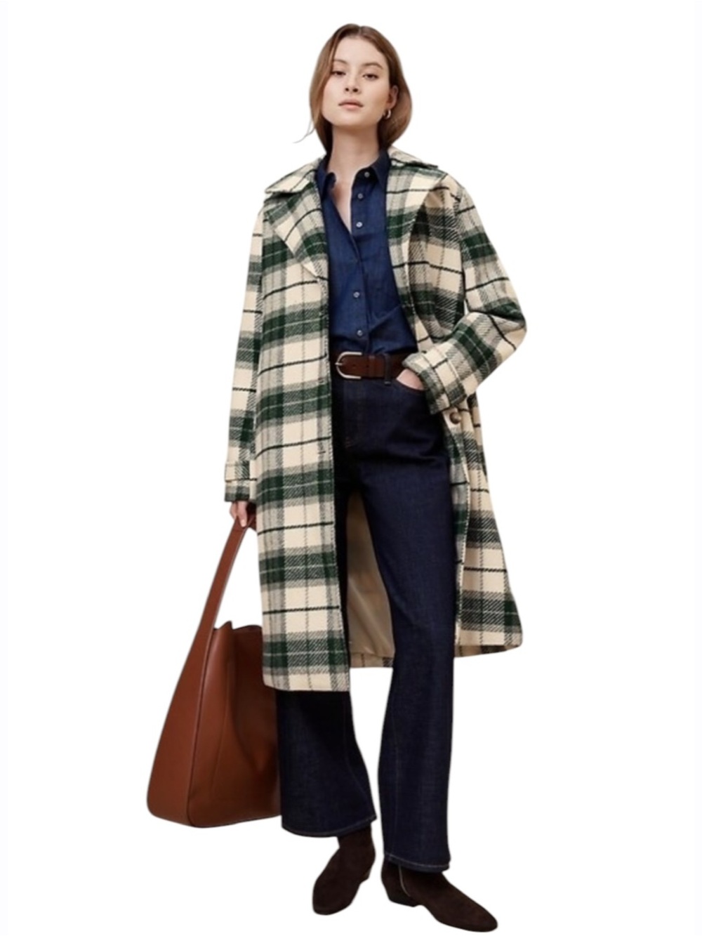Banana Republic Women’s Plaid Long Wool Blend Coat Green Ivory Check Coat Large - Picture 6 of 7